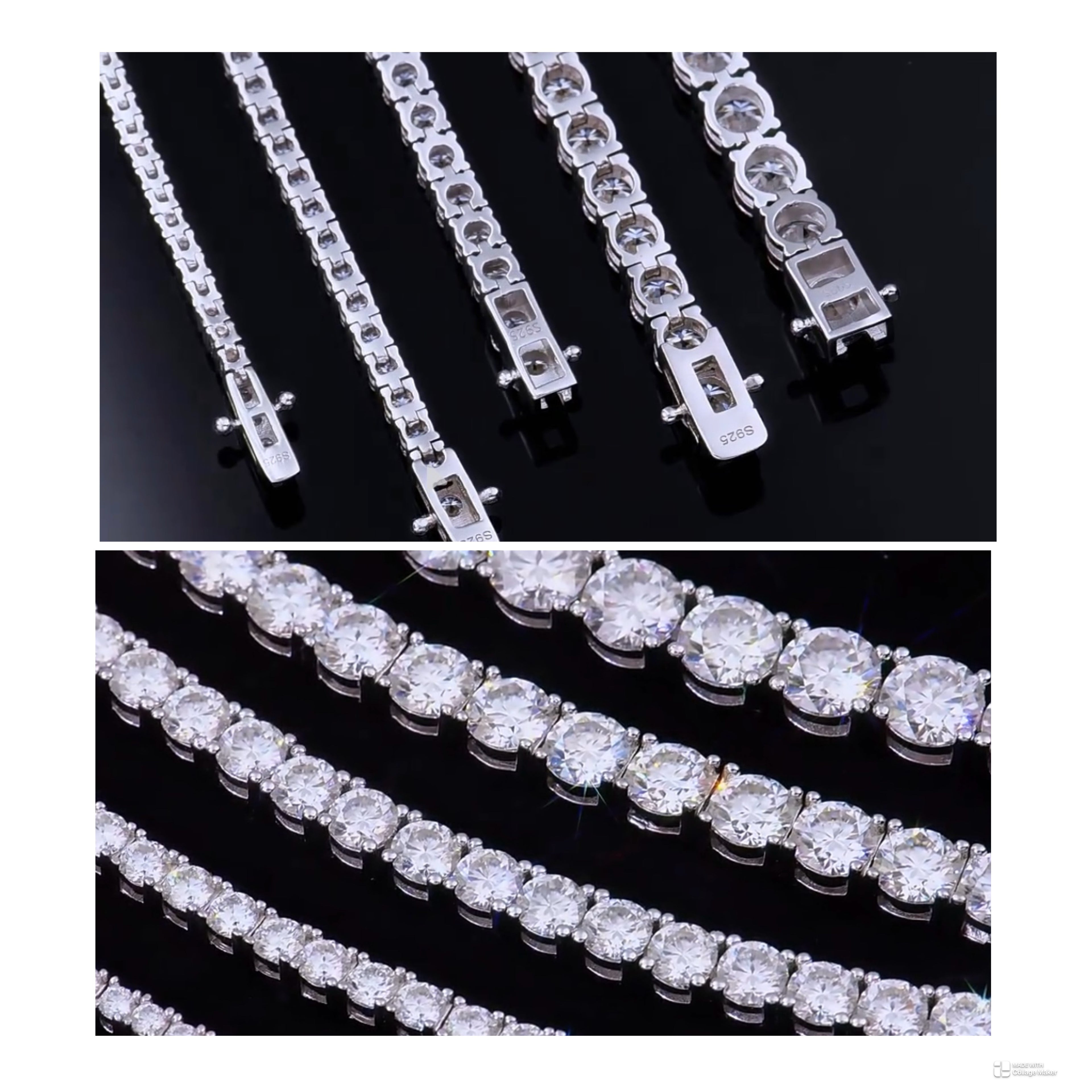 Close-up of a moissanite  tennis bracelet on a black background