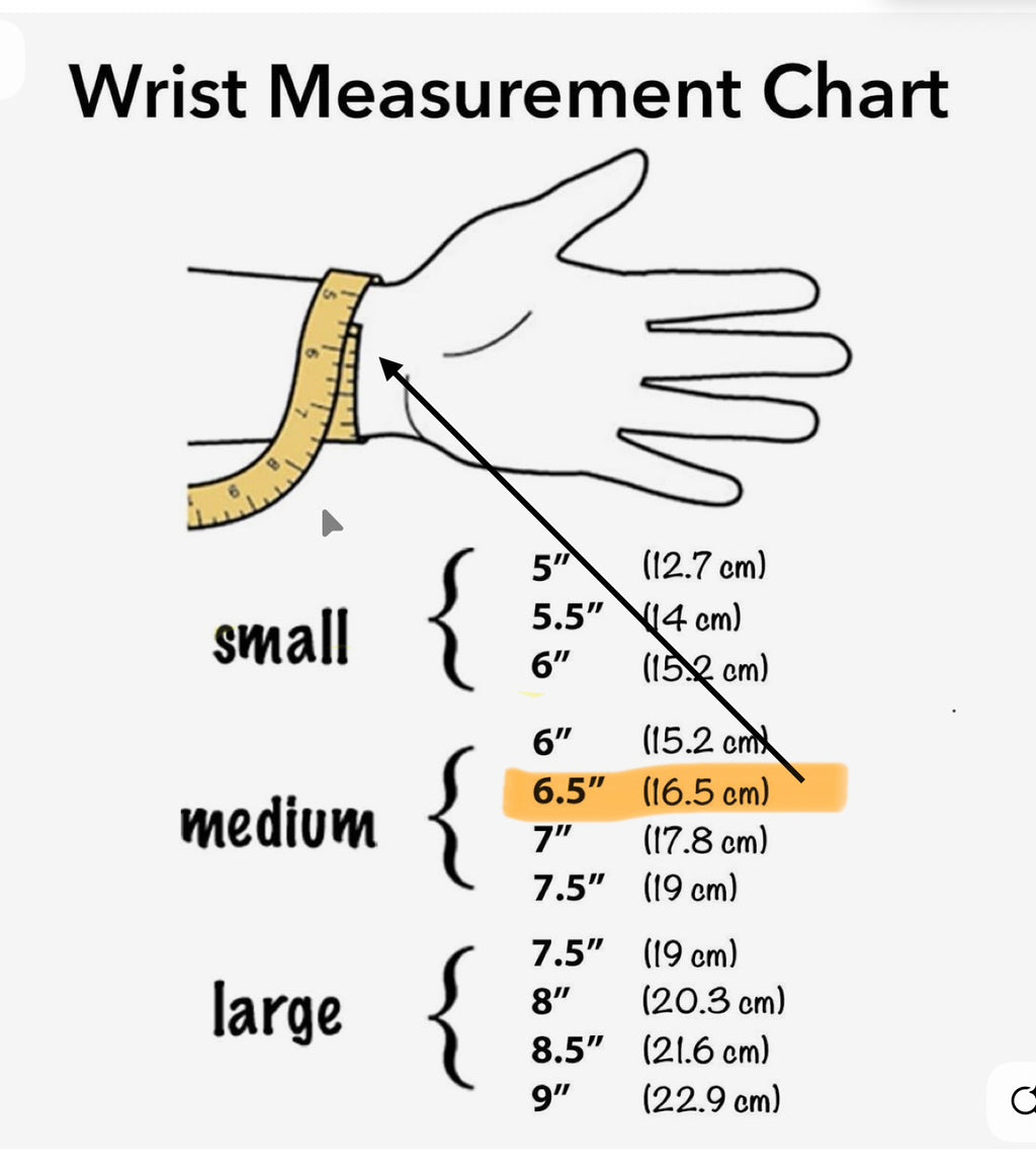 Wrist measurement chart with a hand and ruler for small, medium, and large sizes.