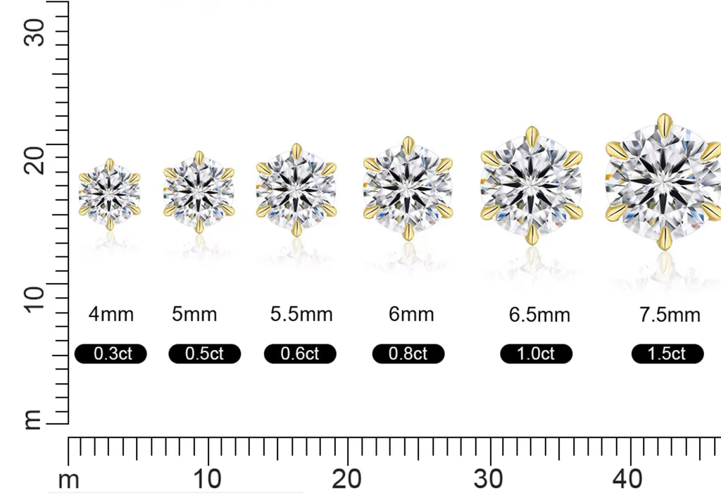 Diamond earrings with size measurement scale on a white background