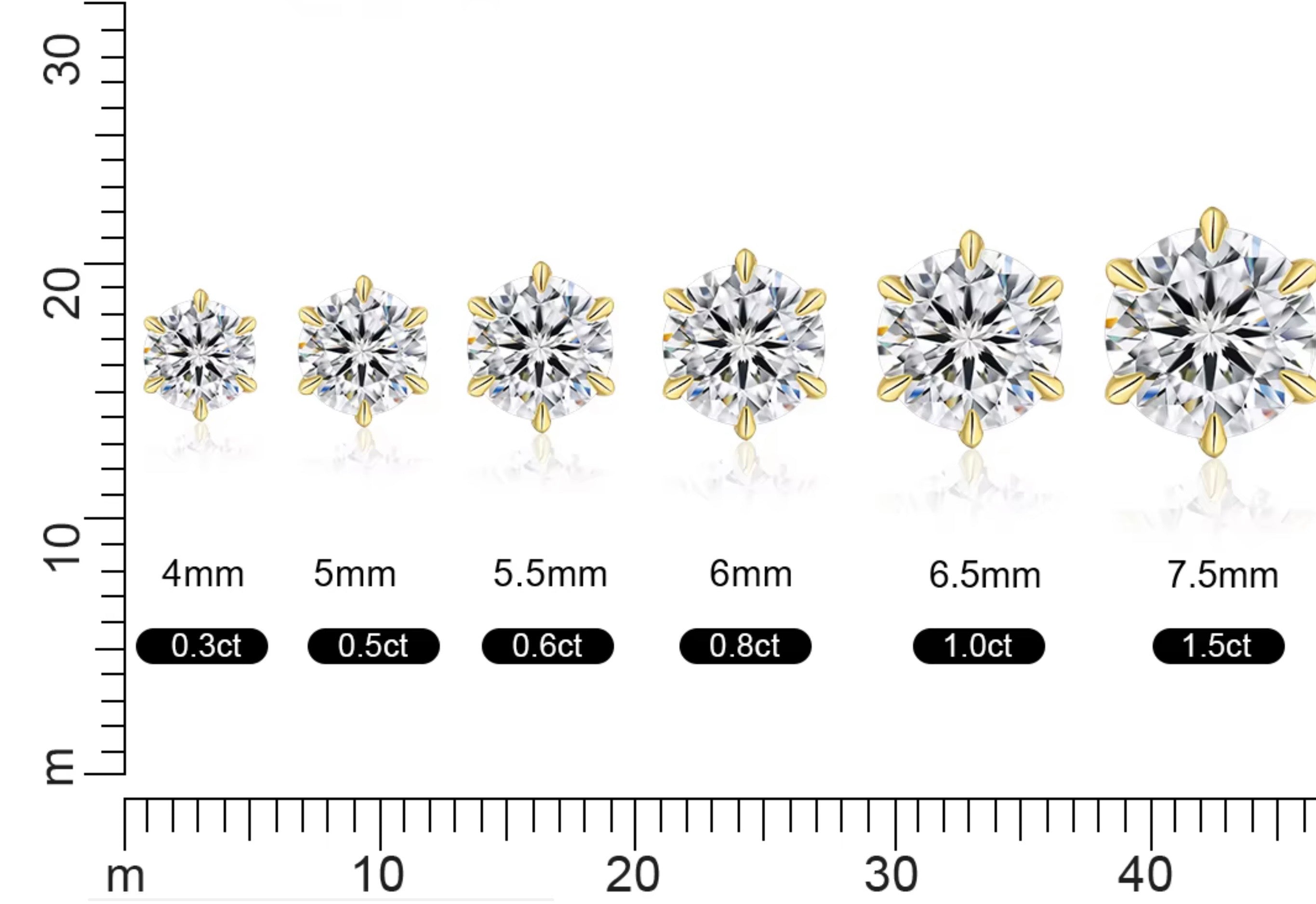 Diamond earrings with size measurement scale on a white background