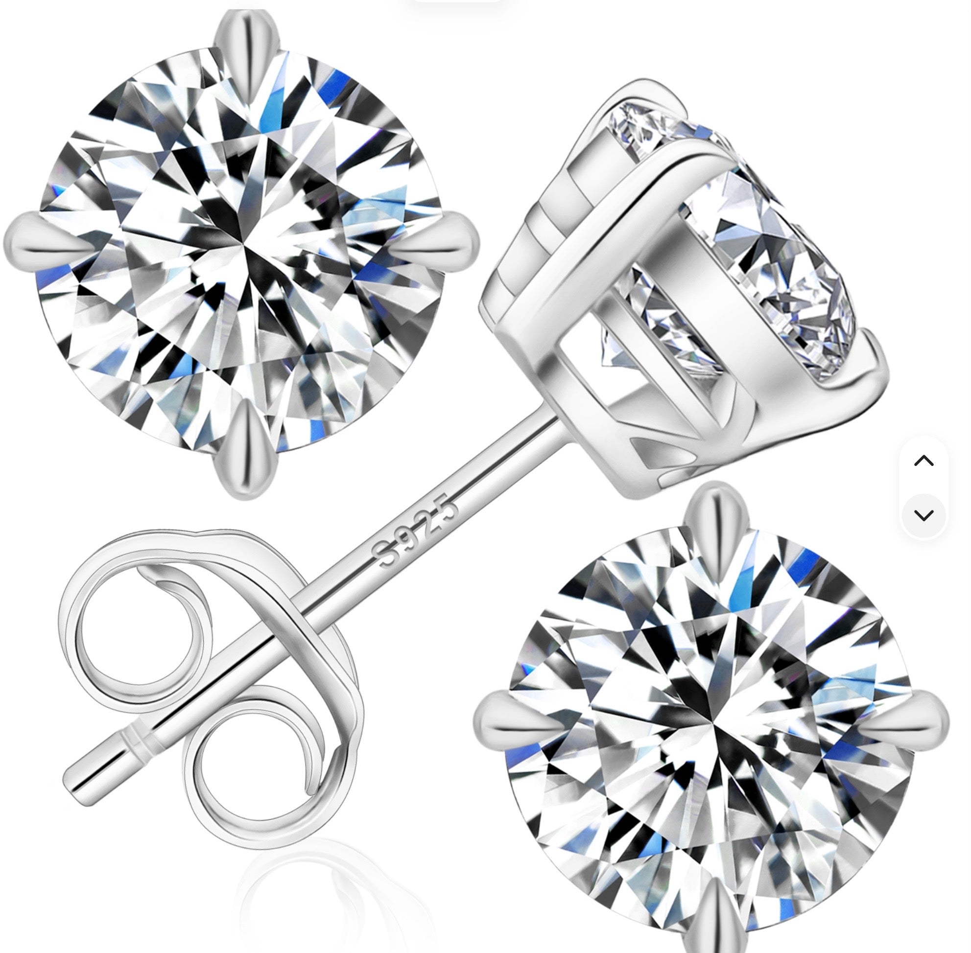 Three views of a silver stud earring with a round brilliant-cut diamond, showing the front face, side profile with butterfly back, and a close-up of the diamond cut.