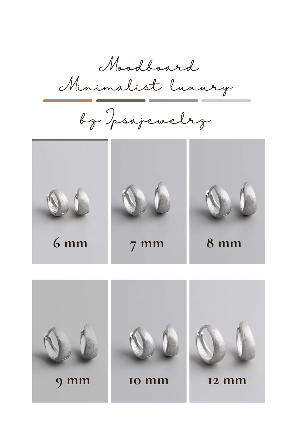 A product size chart for hoop earrings by IpsaJewelry, showing six different sizes (6 mm to 12 mm) on a light gray background with text labels.