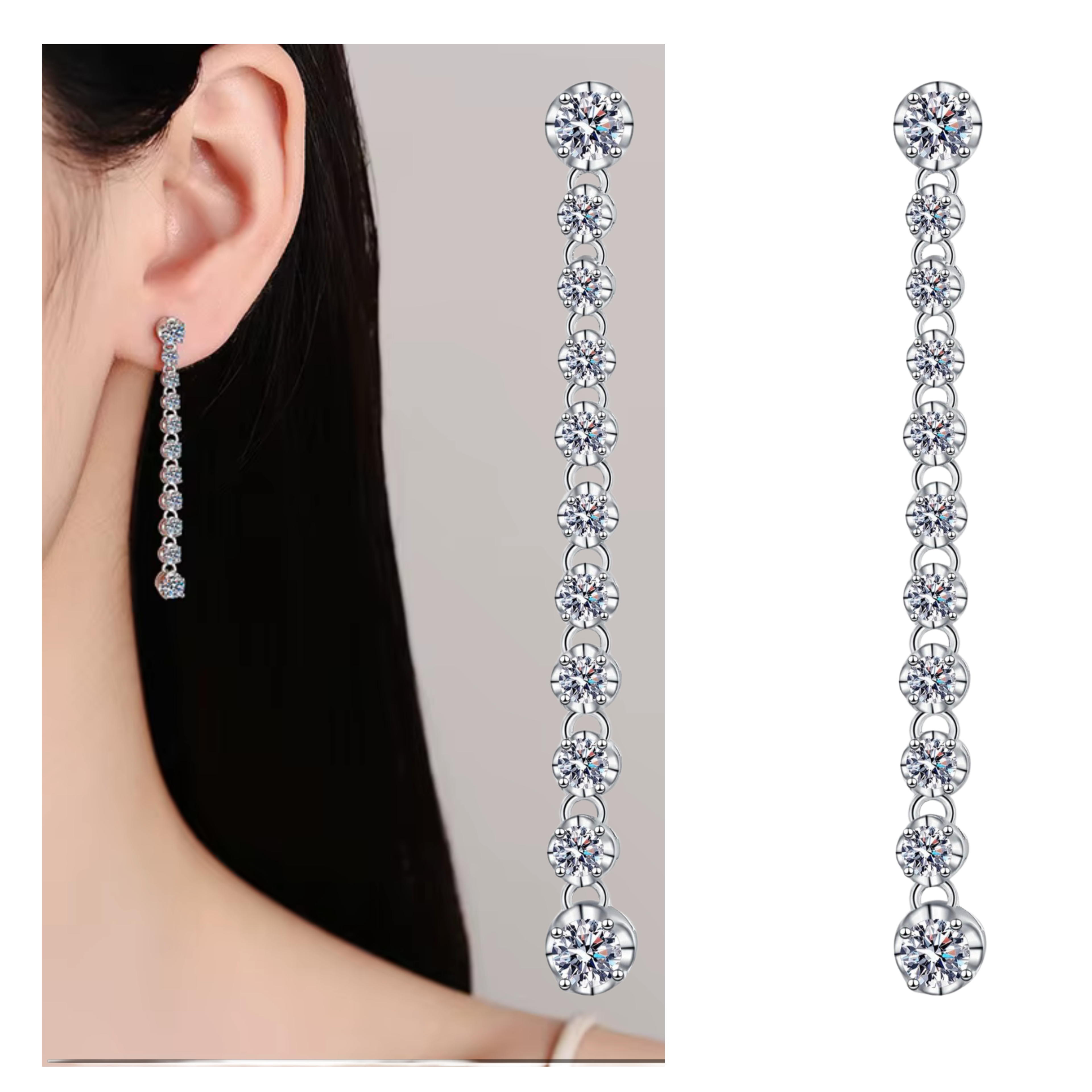 Silver earrings with clear gemstones worn by a person, displayed on a plain background.