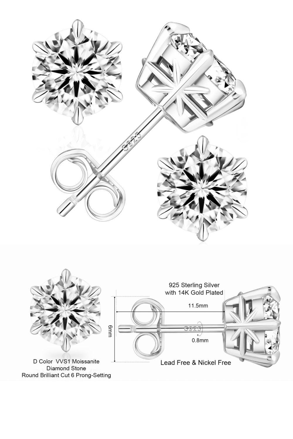 VVS1 D Color Moissanite Stud Earrings | 925 Sterling Silver | 0.6–3.0 CTW