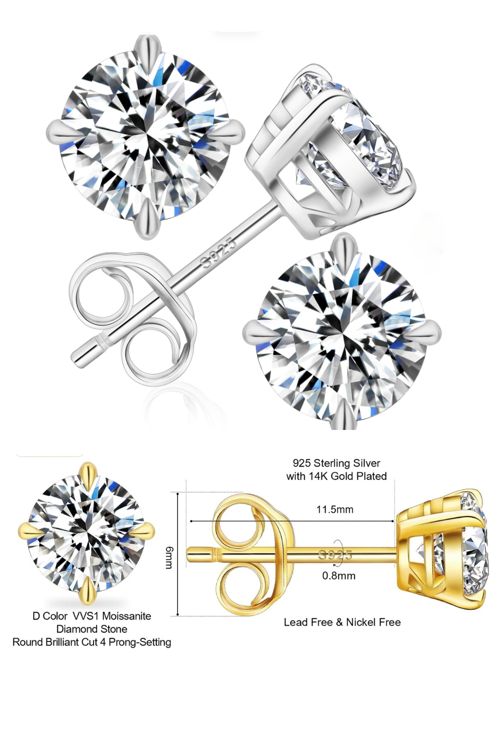 Four views of round-cut stud earrings on a white background, including front, side, back, and inset detail shots. The earrings are shown in silver and gold metal settings with clear gemstones; text notes 925 sterling silver and 14K gold plated, plus D Color VVS1 Moissanite and 4 prong setting.