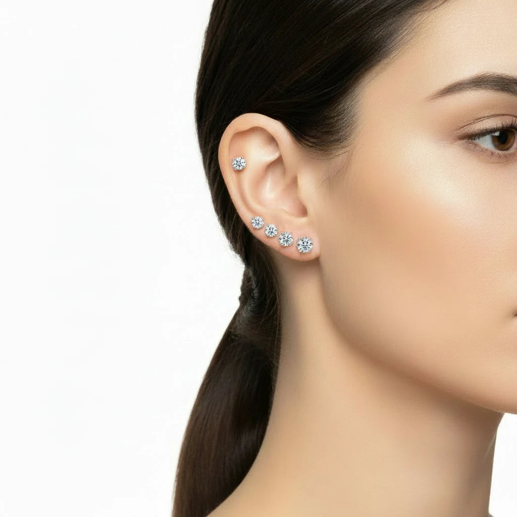 D color moissanite  earrings  studs
displayed on ears with size comparison chart below.