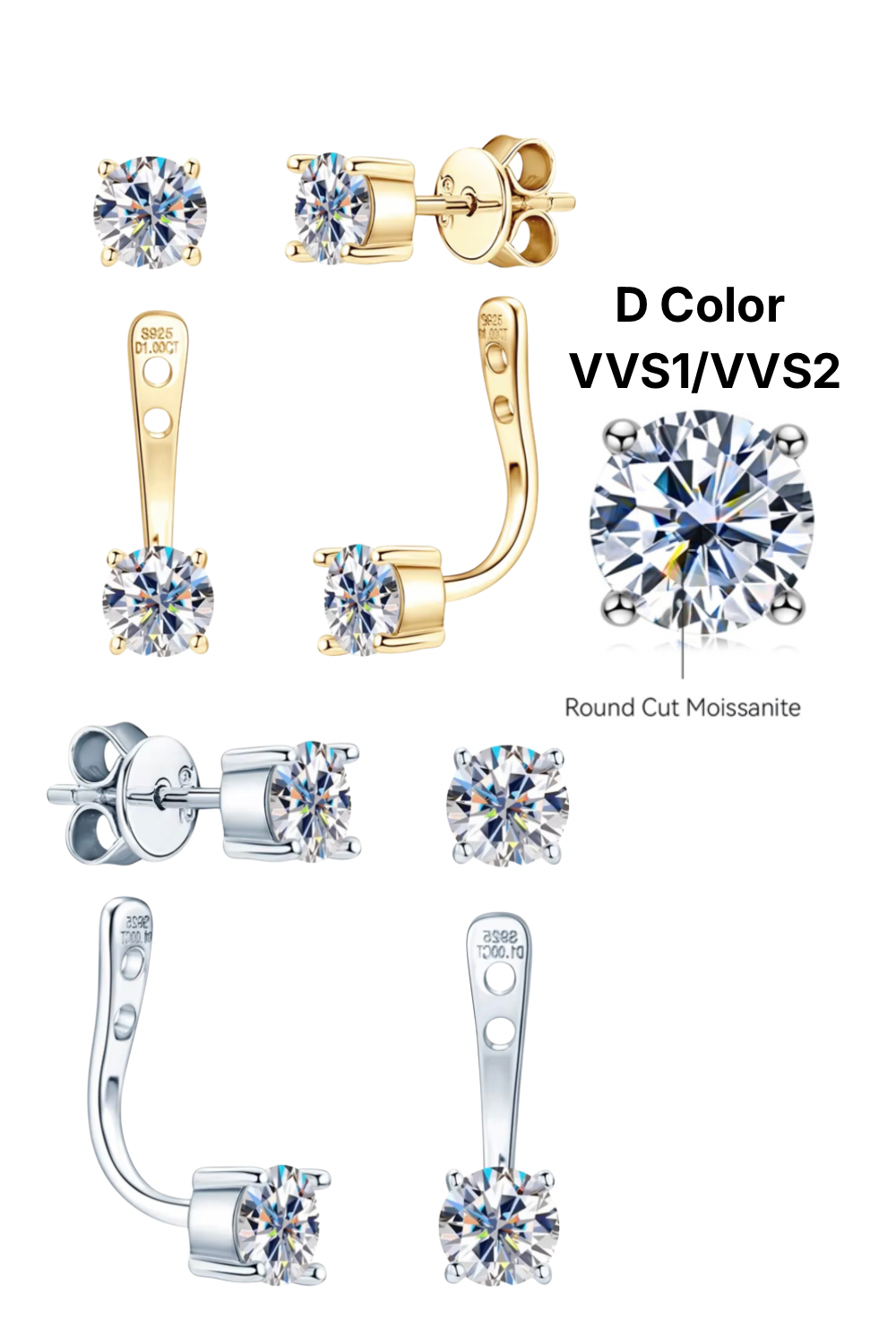Round Moissanite Stud Earrings — D Color VVS | 925 Silver