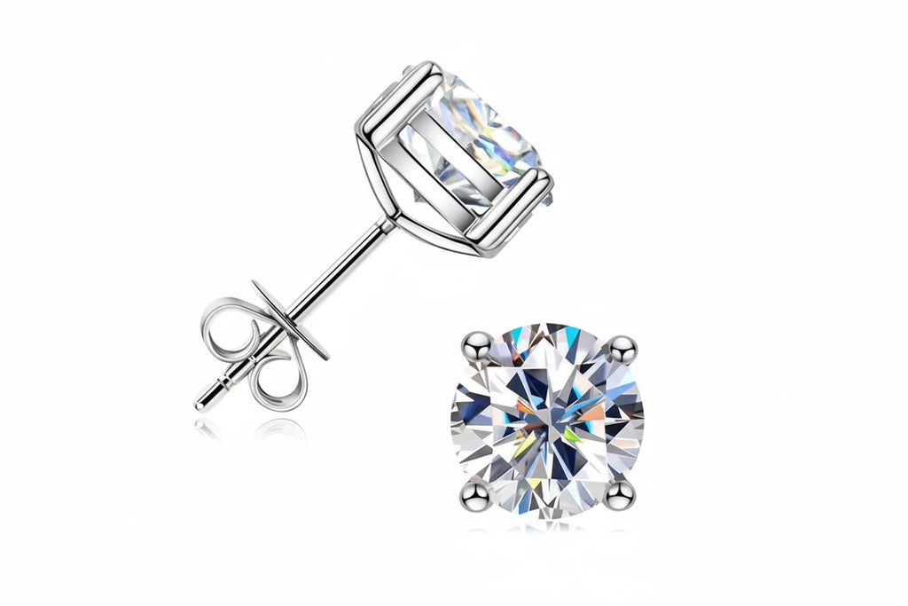 Pair of silver stud earrings with D color MOissanite stone. 