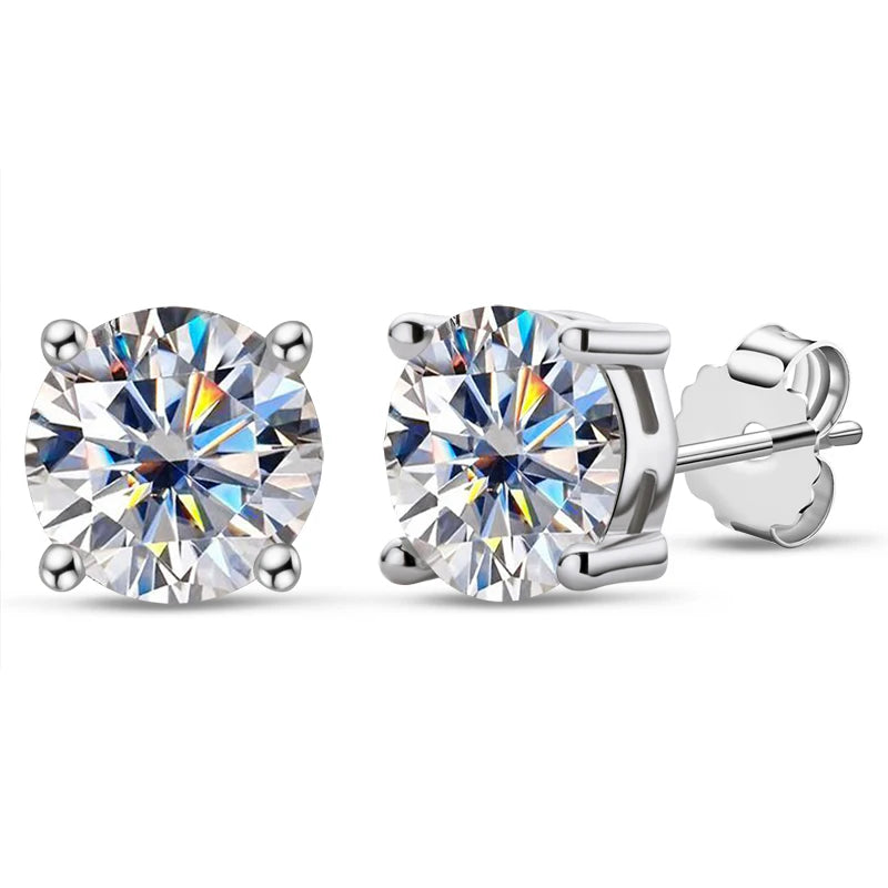 Pair of silver stud earrings with clear gemstones on a white background
