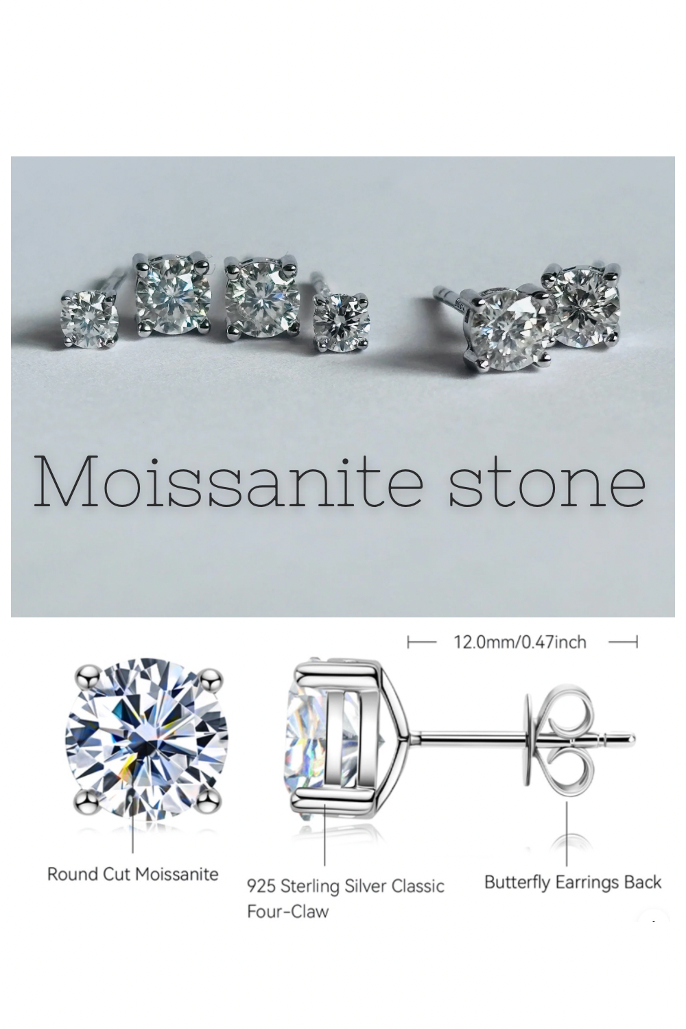 Moissanite Round Stud Earrings – 925 Sterling Silver, White Gold Plated.