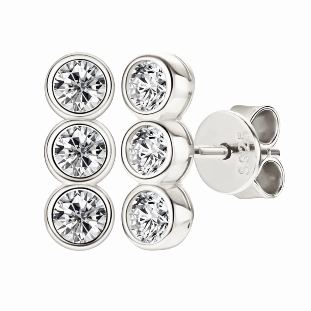 Three Stone Moissanite Stud Earrings | 925 Silver | Bezel Set
