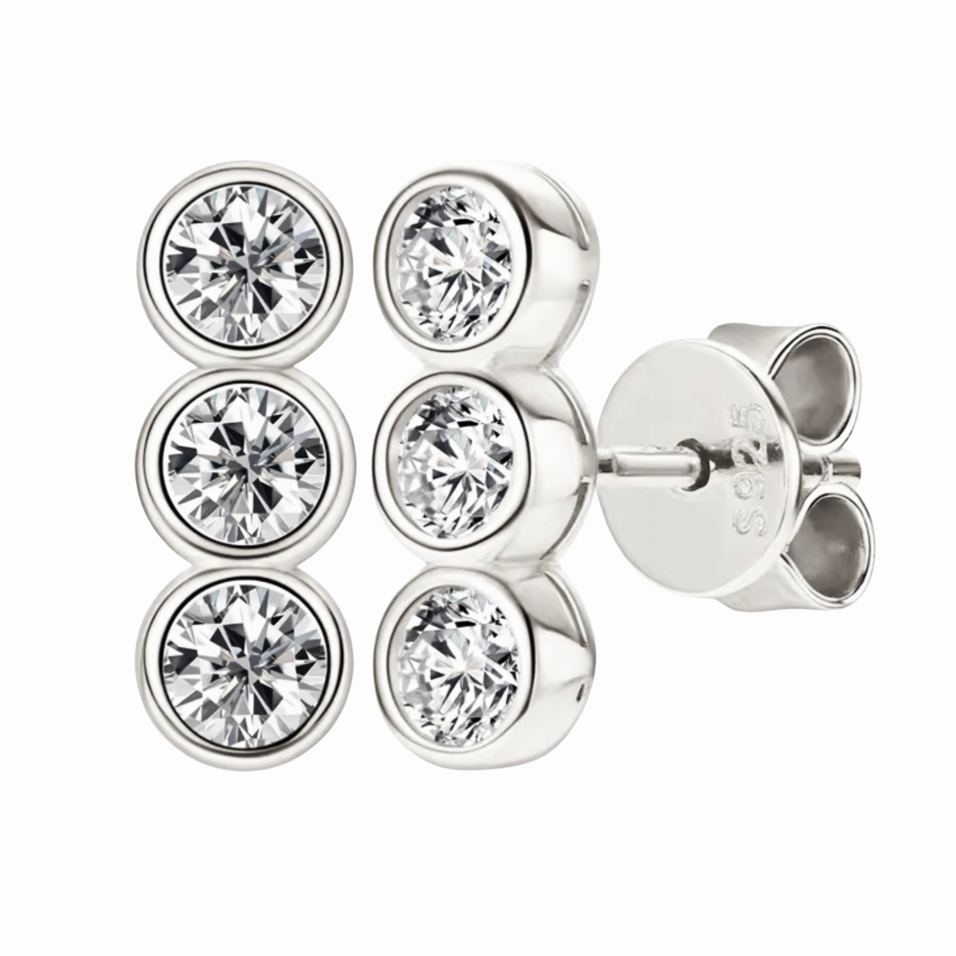 Three Stone Moissanite Stud Earrings | 925 Silver | Bezel Set