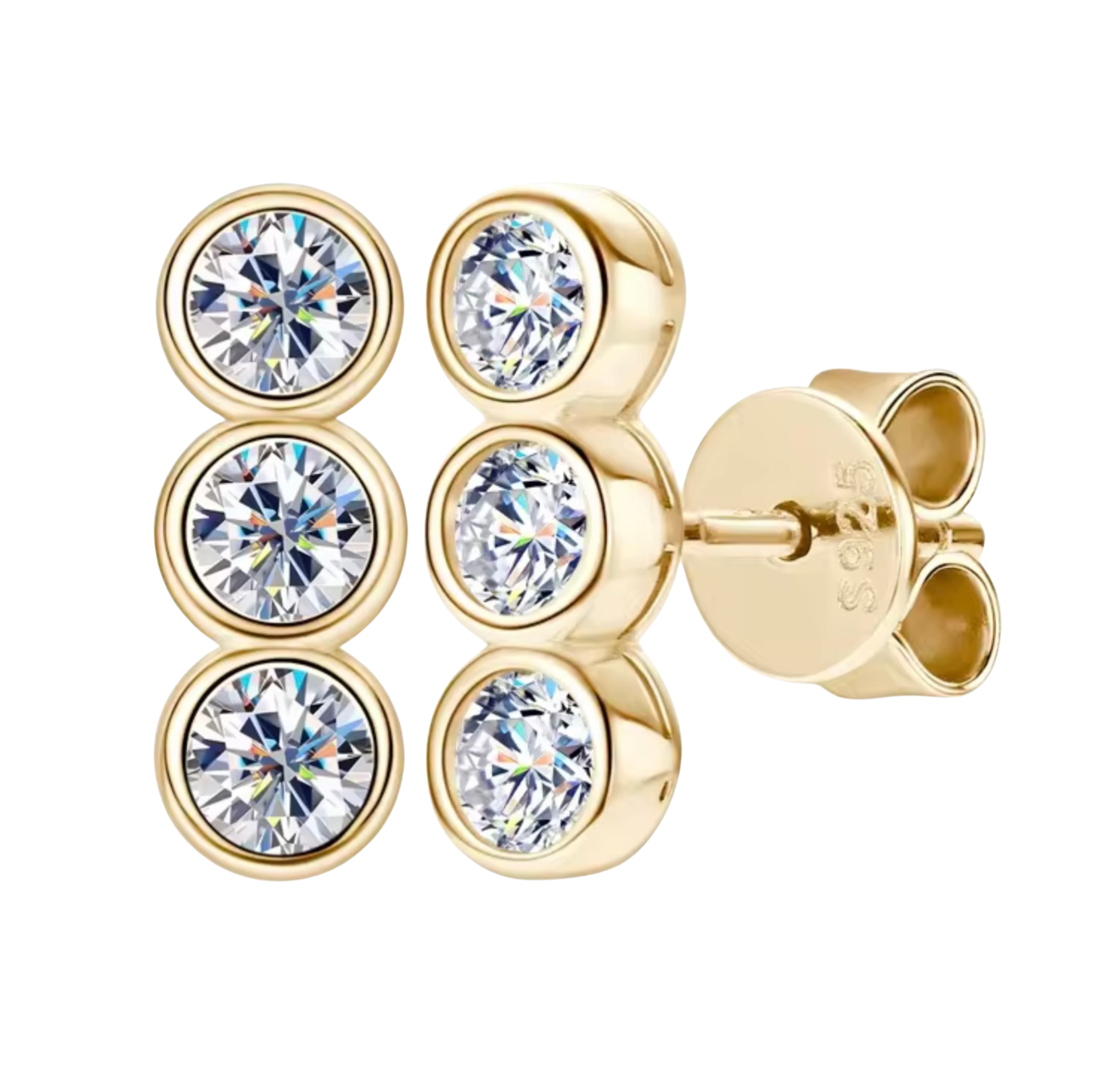 Three Stone Moissanite Stud Earrings | 925 Silver | Bezel Set